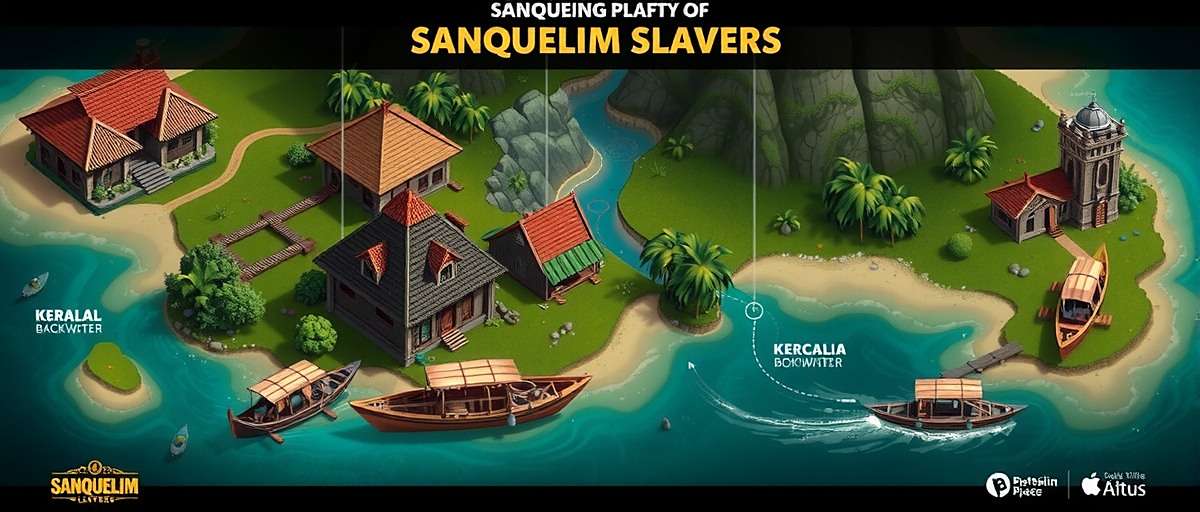 Sanquelim Slayers - Kerala Map Concept Concept art for upcoming Sanquelim Slayers Kerala map showing backwaters, boats, and traditional houses