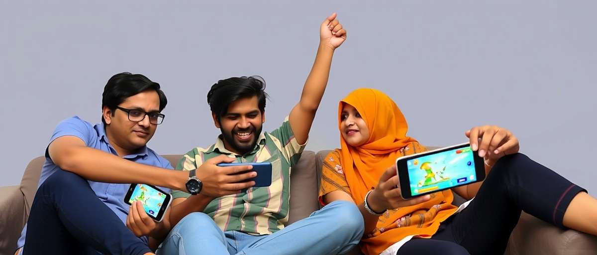 Sanquelim Slayers - Multiplayer Fun with Friends Indian friends playing Sanquelim Slayers together on their mobile devices, celebrating a victory