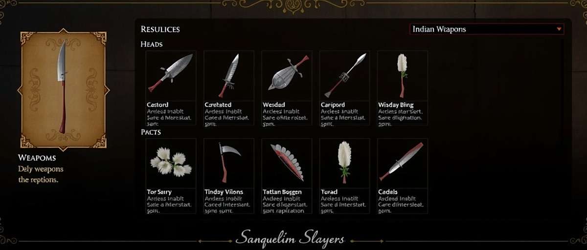 Sanquelim Slayers - Traditional Indian Weapons Sanquelim Slayers weapon selection screen showing various traditional Indian weapons with descriptions